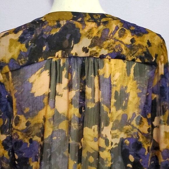 UO Staring at the Stars Boho Brown Smokey Abstrsct Pleated Cuffed Sleeves Top - Picture 7 of 13